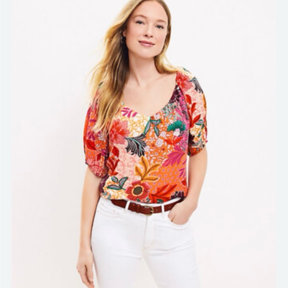 LOFT‎ Women Medium Coral Orange Pink Floral Tropical Vacation Summer Blouse Top